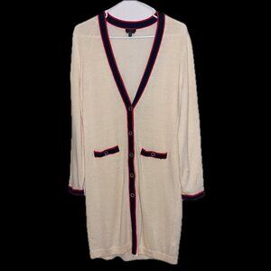 Talbots Merino Wool Long Duster Cardigan Sweater Cream Red Blue Size S